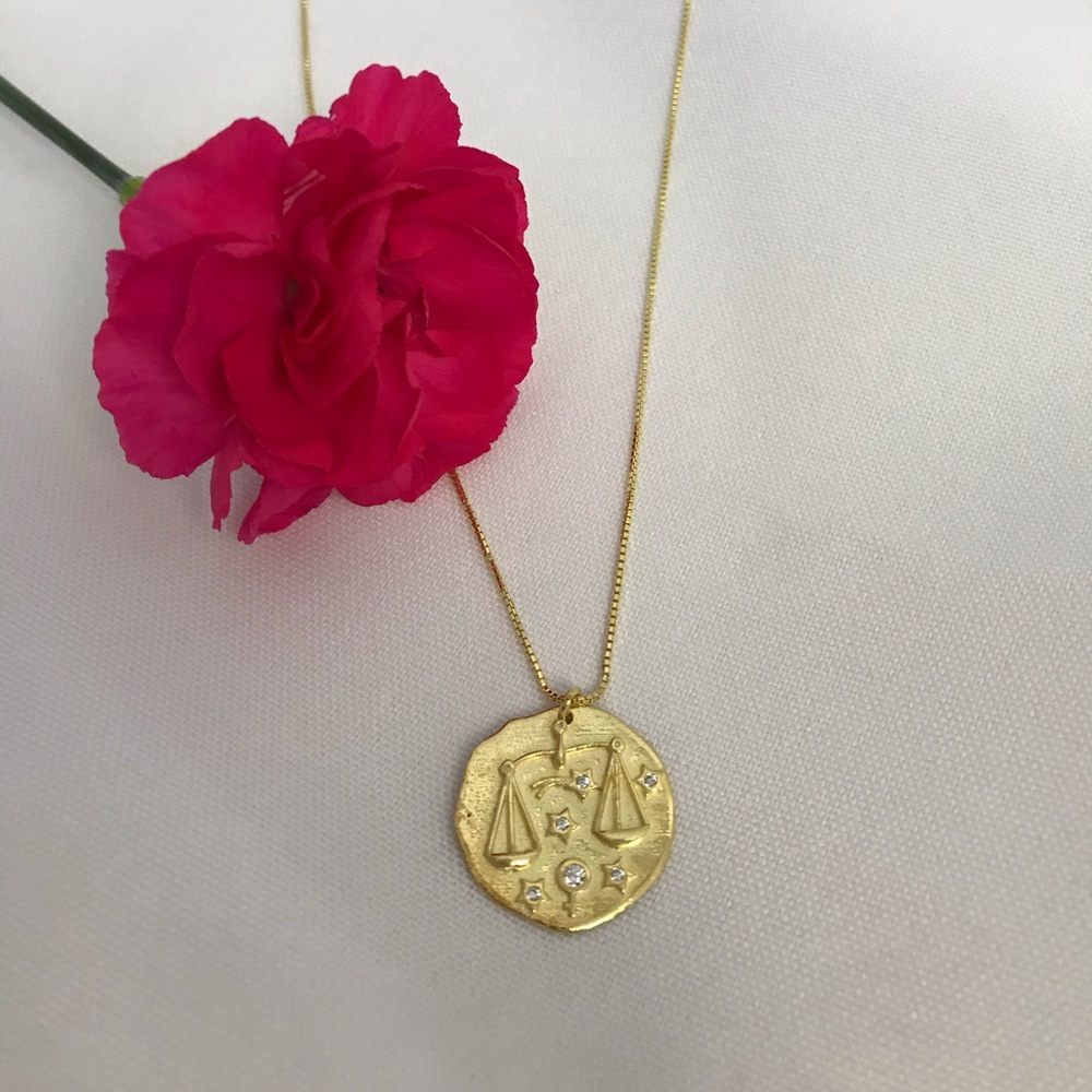 Modern Libra Zodiac CZ Gold Vermeil Coin Pendant